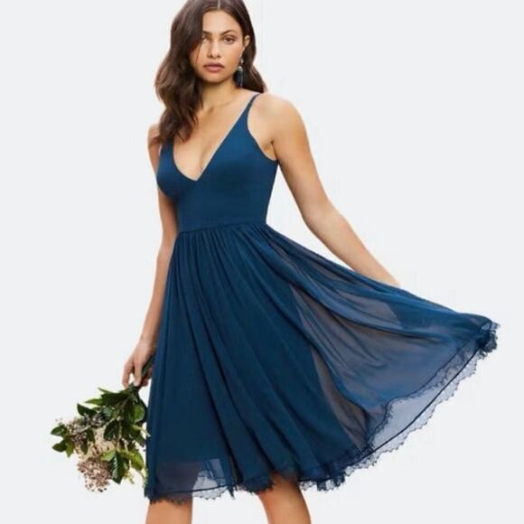 Dress the Population Alicia Chiffon Fit & Flare Navy Blue Medium Cocktail Midi - Picture 1 of 13